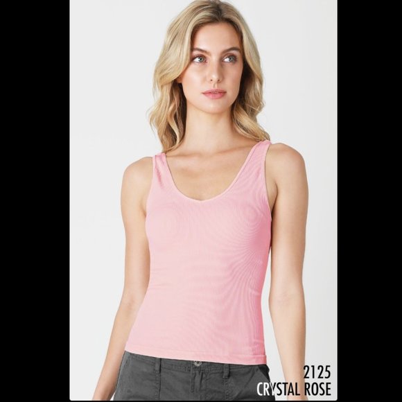 NEW Crystal Pink Reversible Tight Ribbed Vee and Scoop Tank Top - Picture 1 of 1